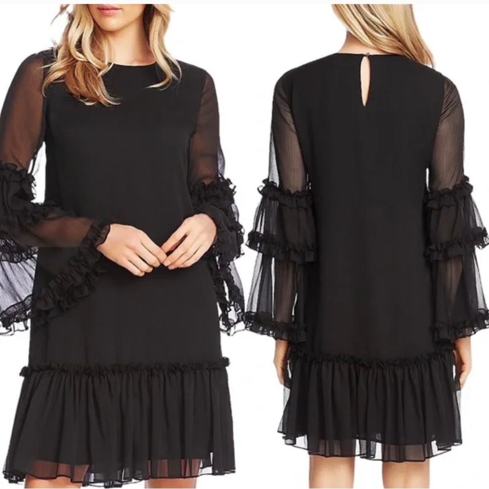 CeCe Ruffle Chiffon Shift Dress in Rich Black Large NWT NEW